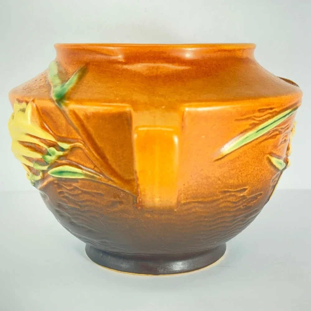 Vintage Roseville Freesia Vase 463-5 Brown‎ Double Handled Art Pottery 5